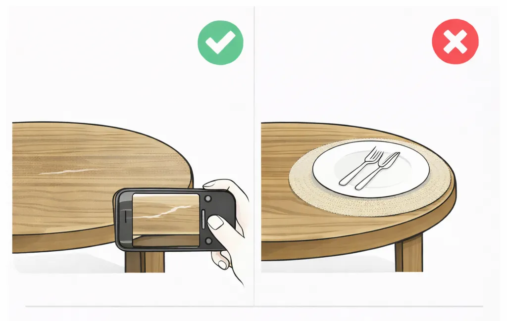 Showing a small scratch on a table instead of hiding it