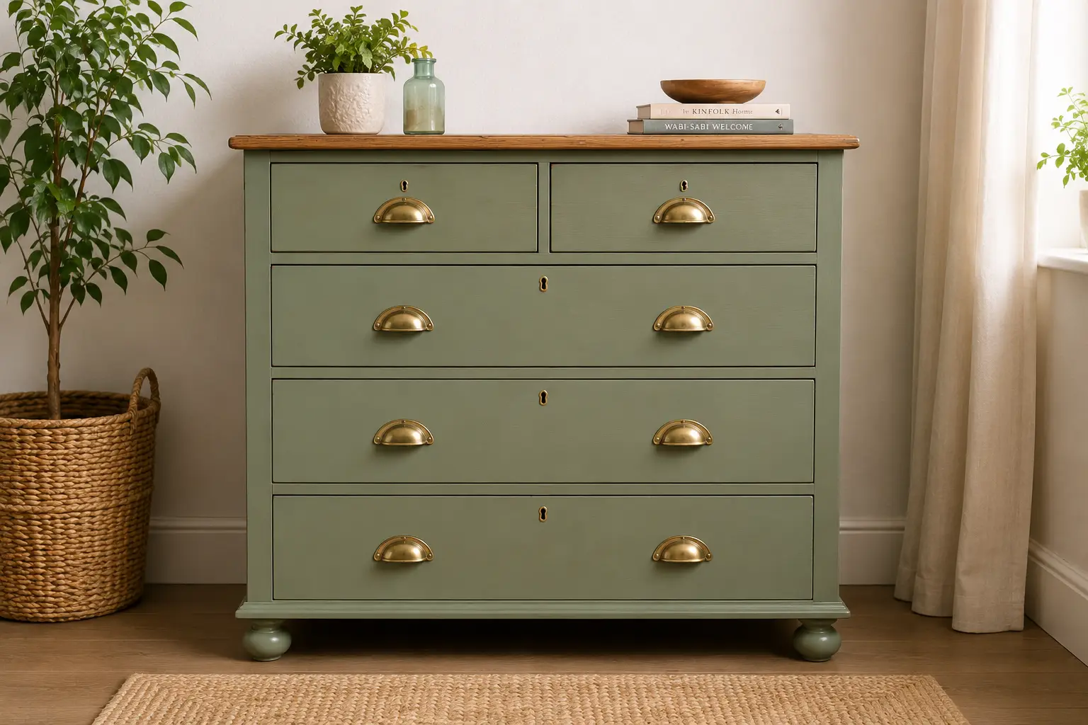 Upcycled vintage pine chest of drawers in sage green