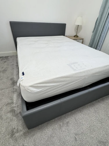 Grey leather ottoman double bed with mattress — image 2