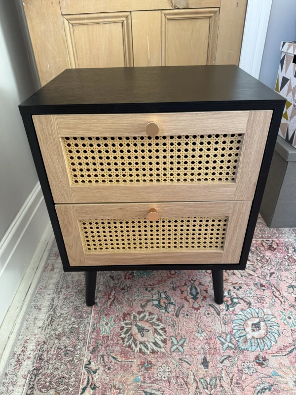 Black & Rattan 2 Drawer Bedside Table