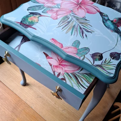 Blue Upcycled Side Table with Botanical and Exotic Birds Design — image 2