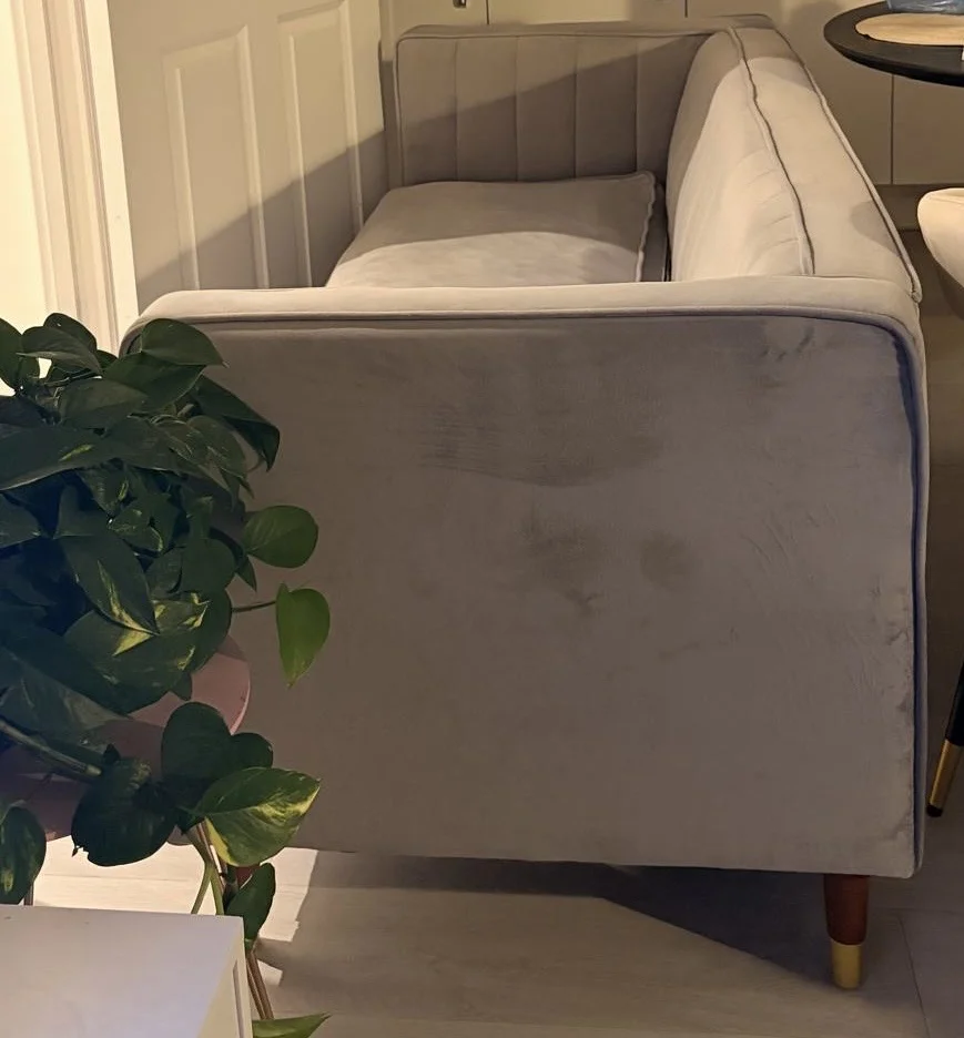 Stylish 3-seater blue-Grey Velvet Sofa with Elegant Detailing/ come apart for easy moving