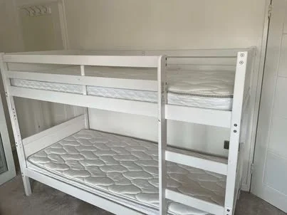 Stylish White Wooden Bunk Bed with Mattresses