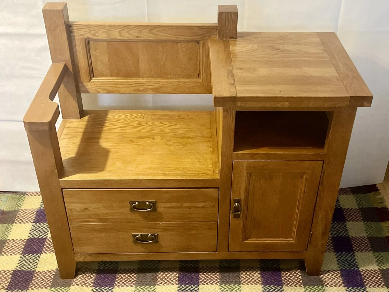 Vintage Oak Hallway Bench with Drawer and Cabinet