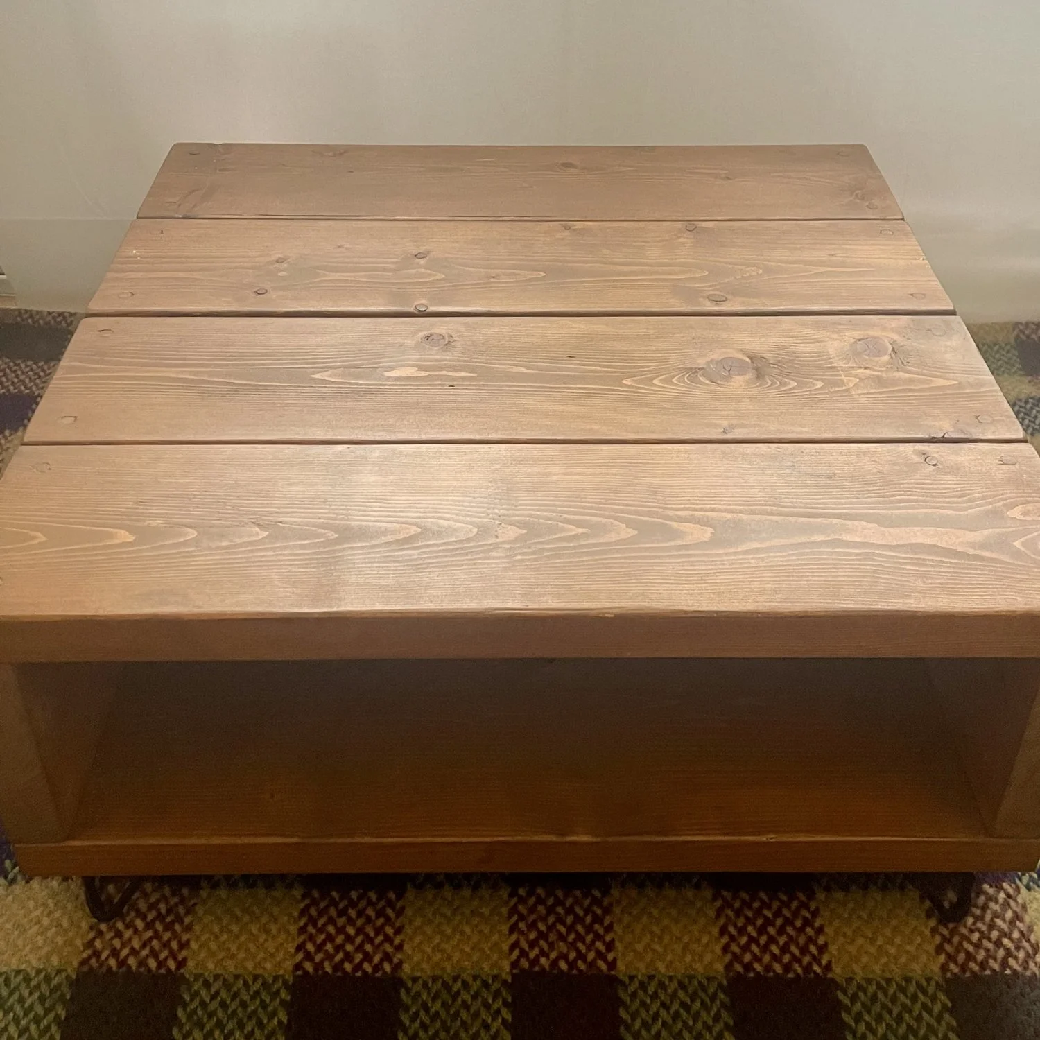 Hand‑Restored Solid Wood Coffee Table with Rustic Finish and Lower Shelf