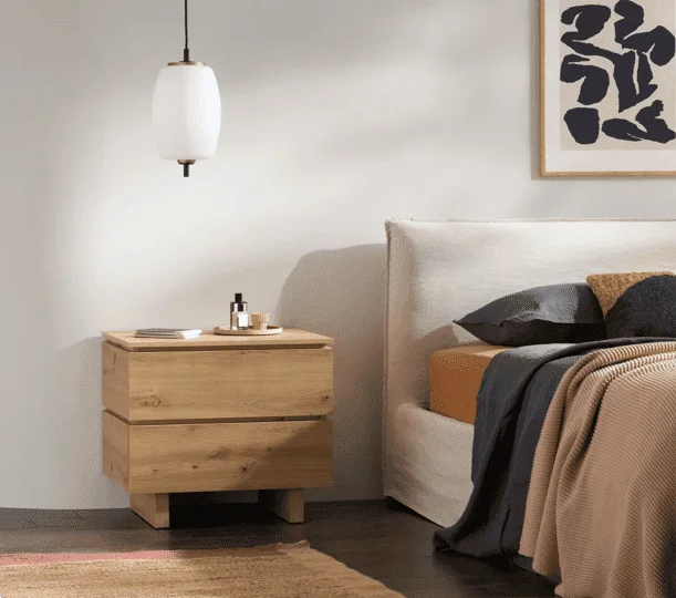 IBA Artisan Oak Effect Modern Nightstand 60cm Wide - Bedside Table with 2 Drawers and Shelf (Box opened)