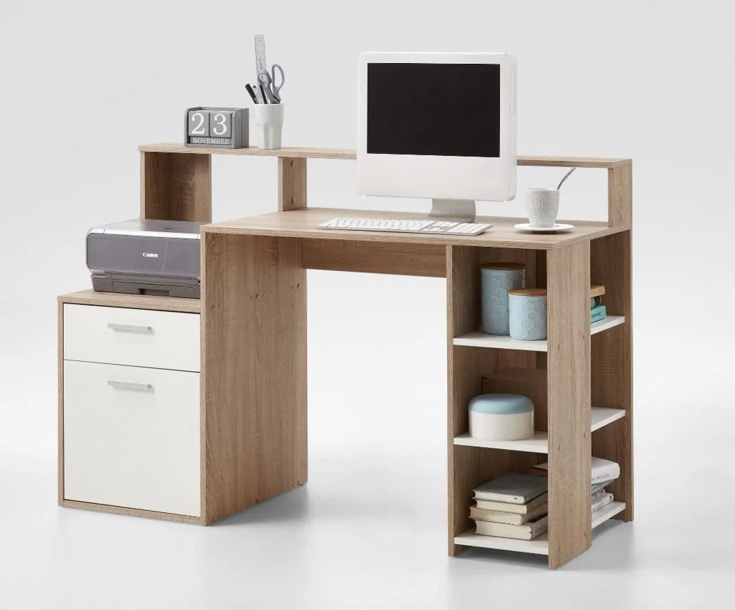 Niva Modern White and Oak Computer Desk with Hutch 138cm Wide Home Office Study Desk with Drawer, Cupboard, and Open Compartments - New