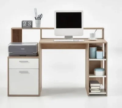 Niva Modern White and Oak Computer Desk with Hutch 138cm Wide Home Office Study Desk with Drawer, Cupboard, and Open Compartments - New — image 3