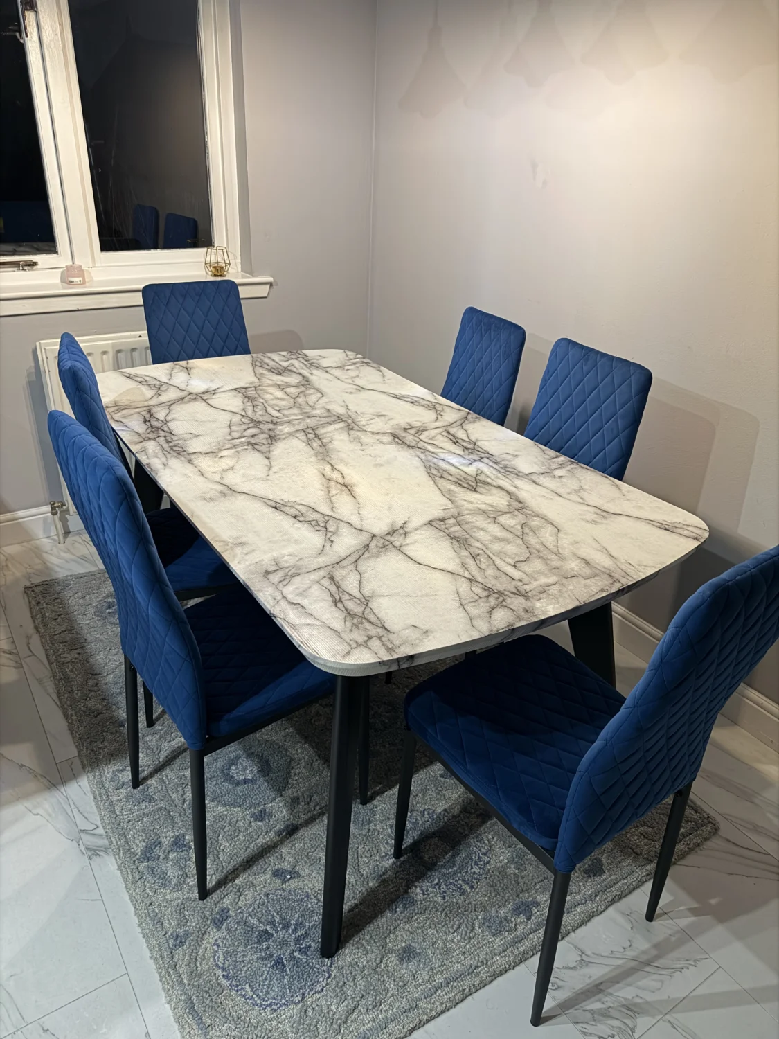 Modern Marble-Effect Dining Table with 6 Navy Velvet Chairs