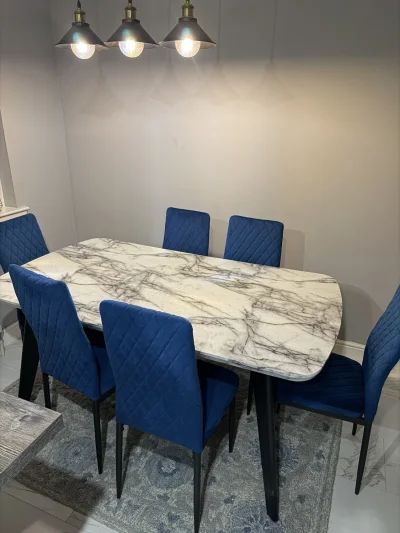 Modern Marble-Effect Dining Table with 6 Navy Velvet Chairs — image 2