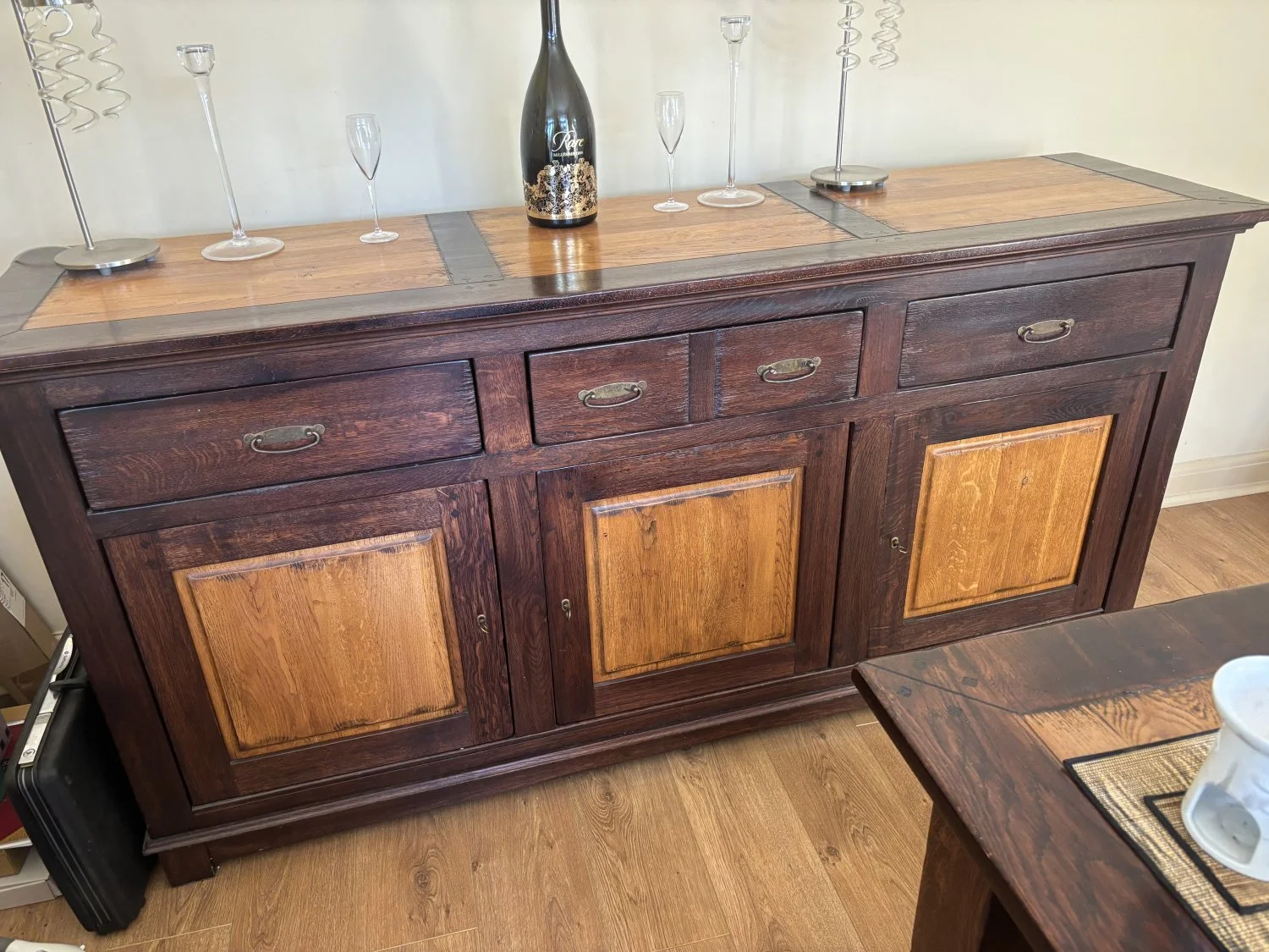 Vintage Solid Wood Dining Set with Sideboard and Upholstered Chairs