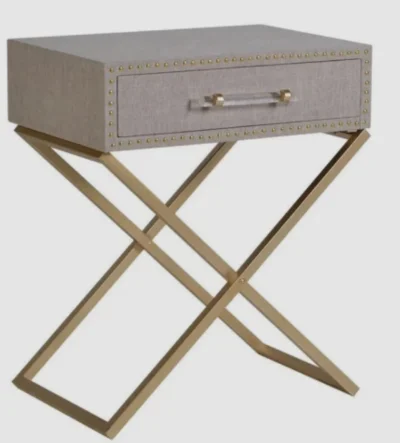 Brand new pair of linen bedsides with metal brass finish cross legs