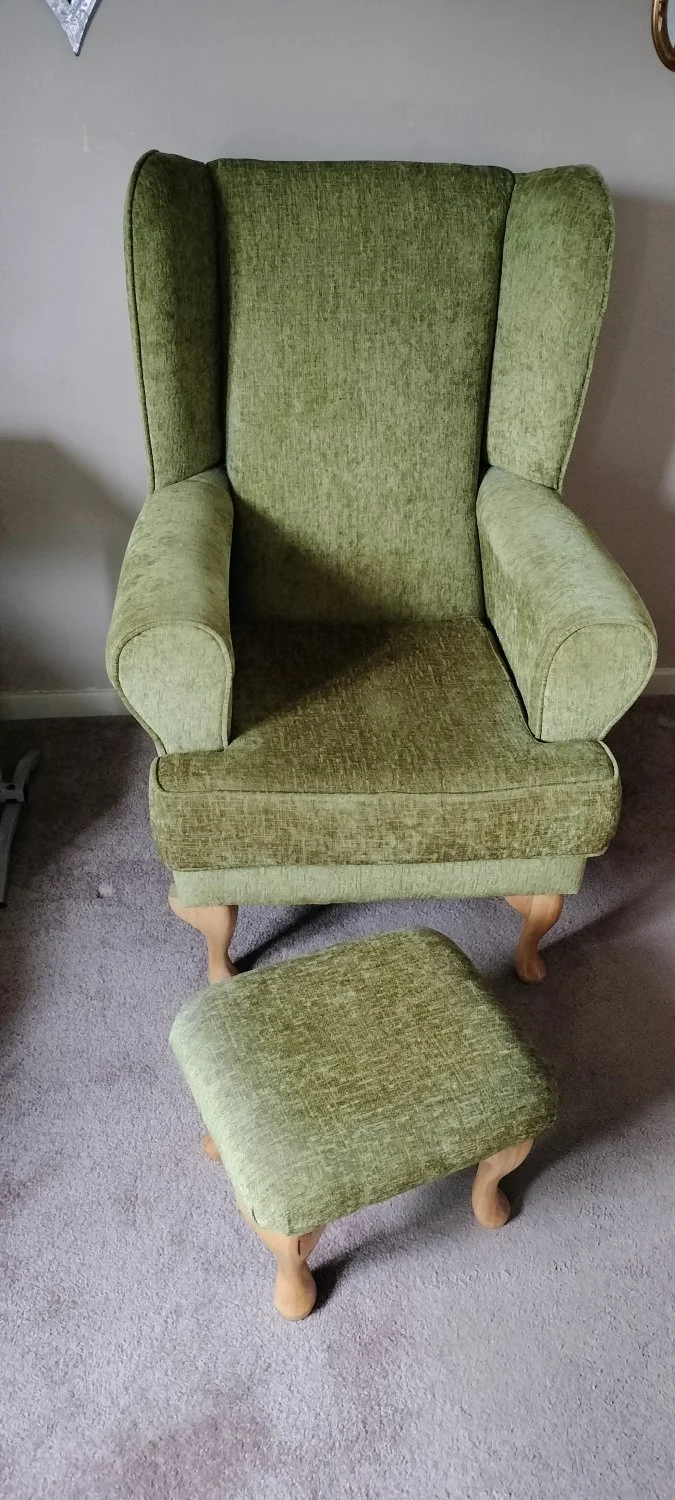 Vintage Green Armchair with matching Footstool- Cosy and Stylish