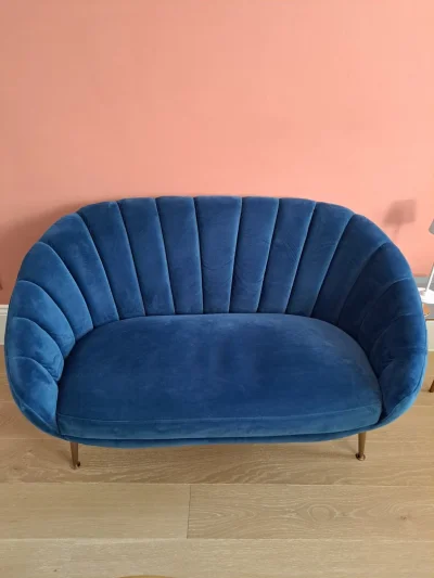 Stylish Modern Curved Blue Velvet Sofa with Channeling