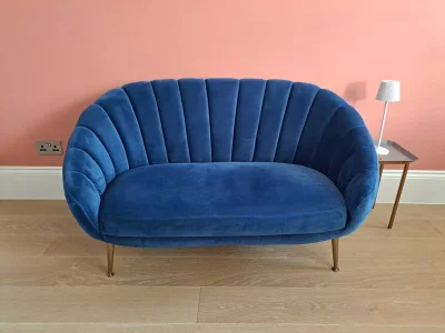 Stylish Modern Curved Blue Velvet Sofa with Channeling — image 2