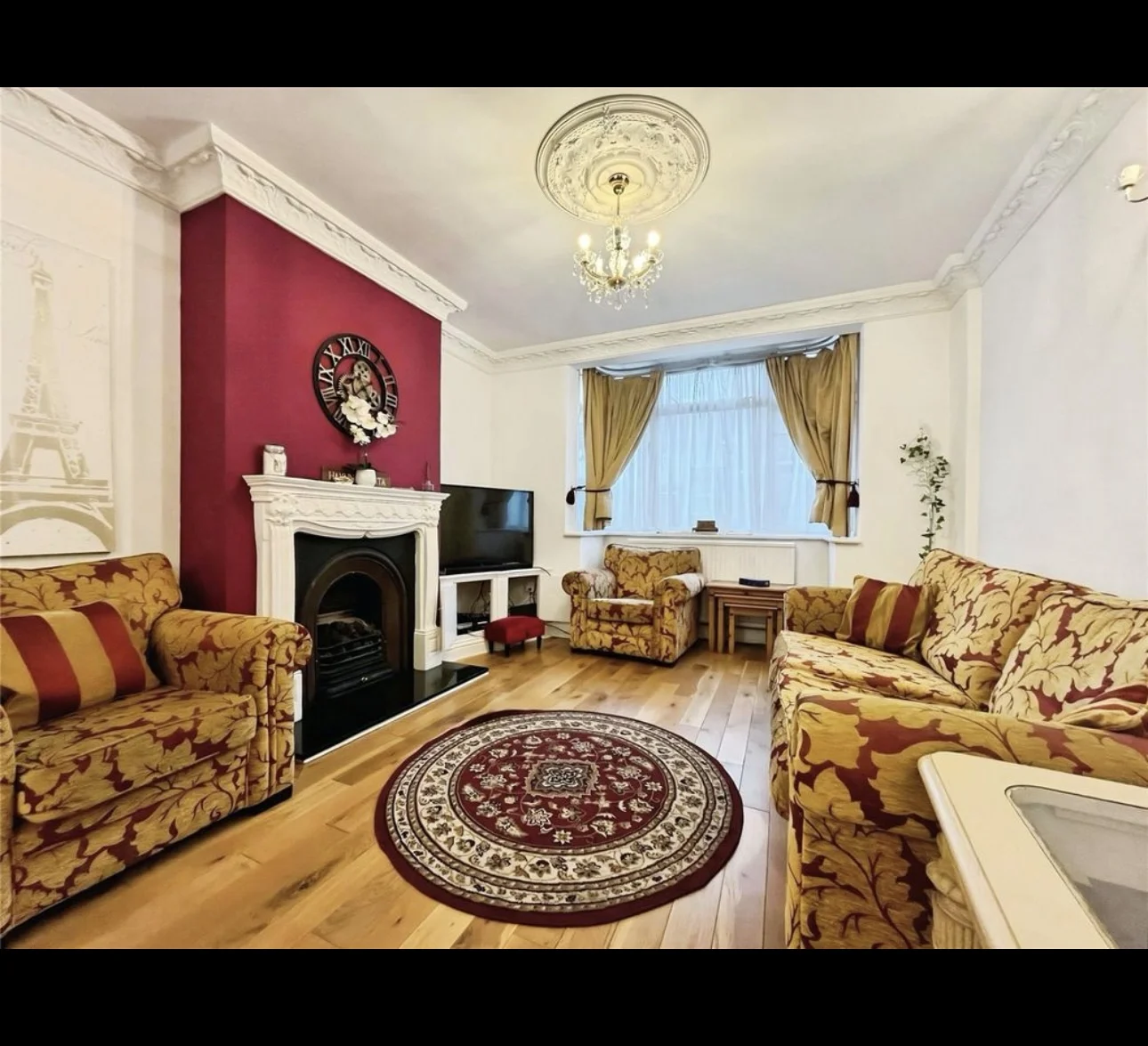 Vintage Floral Upholstered Living Room Suite with Elegant Detailing. Includes 3 Sofas pieces. 1 big sofa 3 seaters and 2 single sofas. Gifting Footstool and rug.