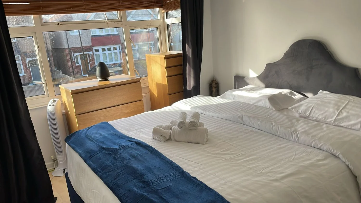 Stylish Modern Super King Size Bedroom Set with Elegant Headboard and Accessories. Includes Mattress, topper, headboard and Divan. Hypnos Brand