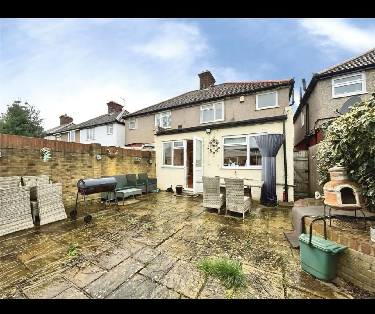 Modern Outdoor Patio Area with Furniture and Grill. Table + 6 Chairs . Includes if you wish to take a standing heater, and a BBQ.