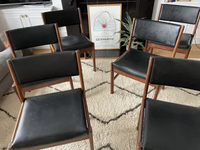 Set of (6) Vintage Wooden Chairs with Black Leather Upholstery