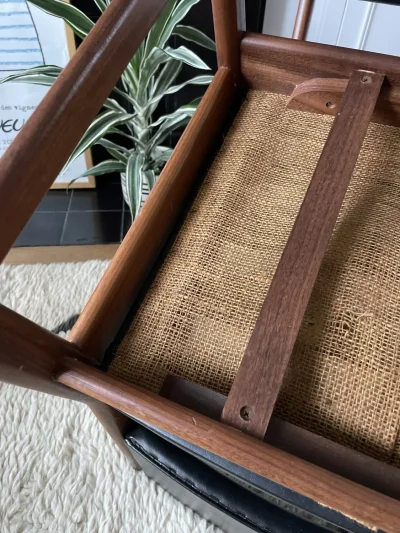 Set of (6) Vintage Wooden Chairs with Black Leather Upholstery — image 2