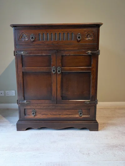Vintage Wooden Cabinet with Drop-Down Top and Intricate Hardware — image 2