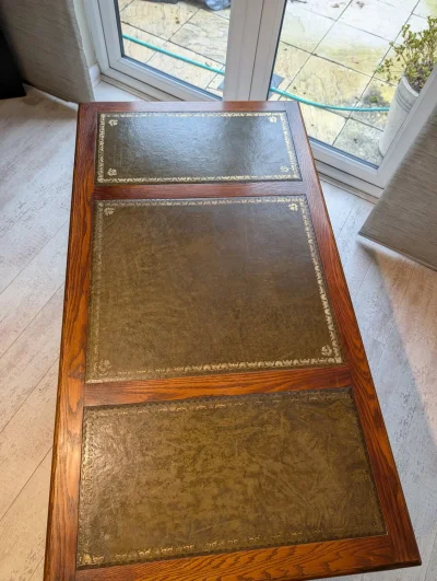 Vintage Carved Oak Desk with Leather Inlay and Decorative Hardware — image 7