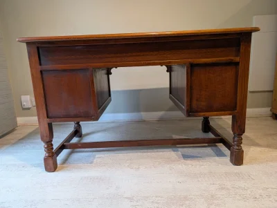 Vintage Carved Oak Desk with Leather Inlay and Decorative Hardware — image 4