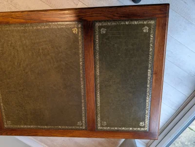 Vintage Carved Oak Desk with Leather Inlay and Decorative Hardware — image 6