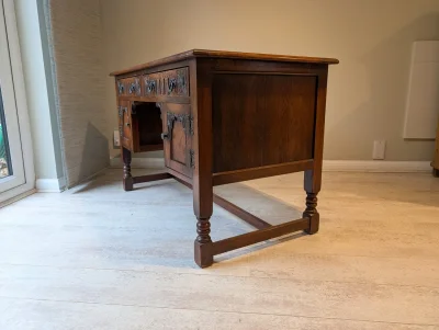 Vintage Carved Oak Desk with Leather Inlay and Decorative Hardware — image 3