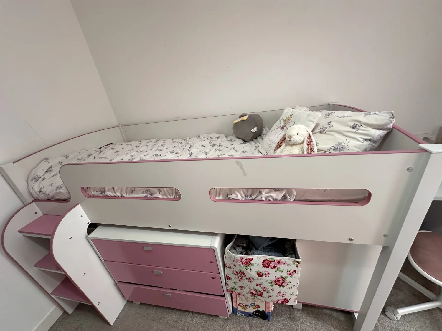 Kids Mid Sleeper Bed – Pink & White