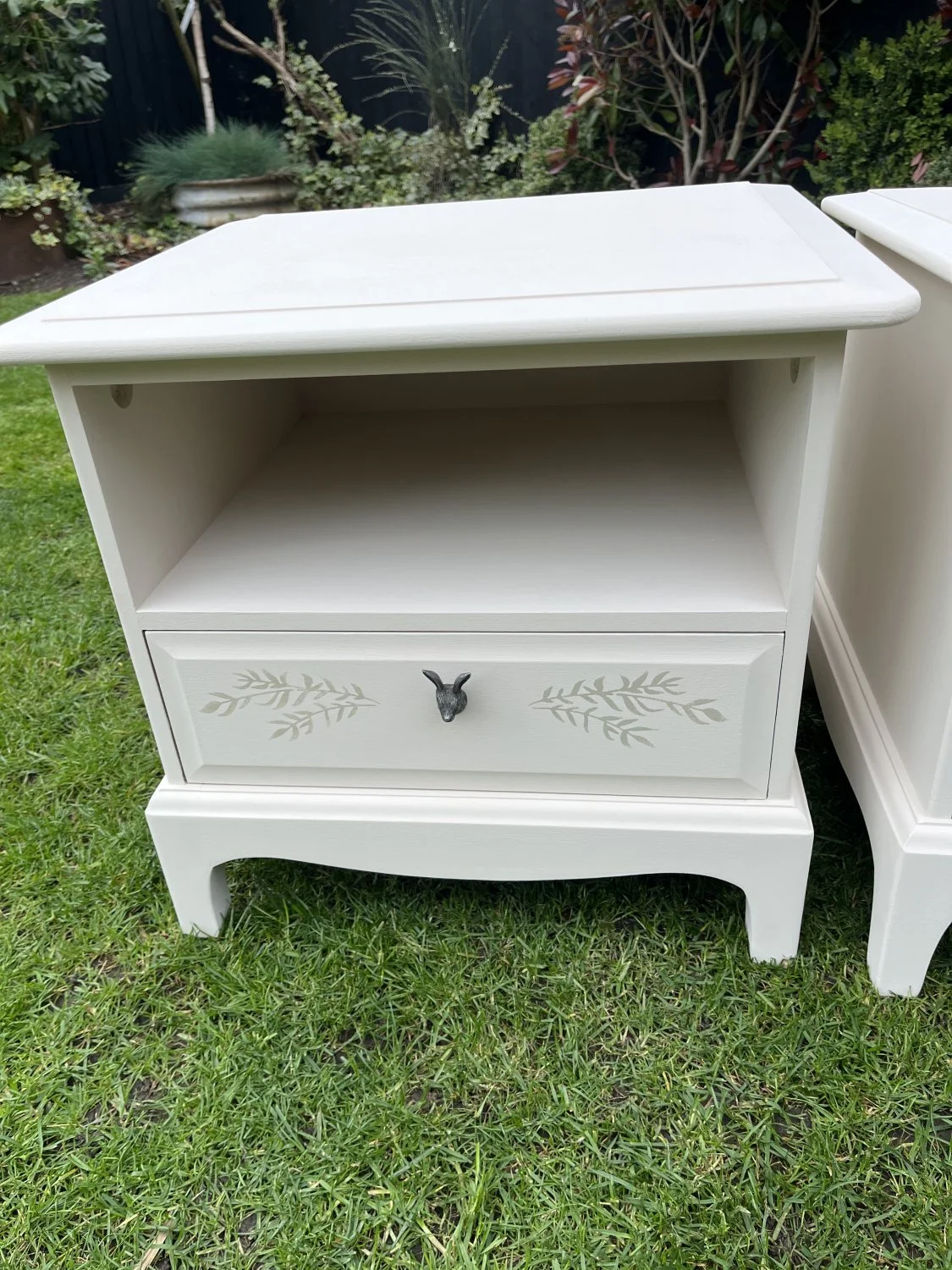 Charming Modernised Stag Bedside Units with Rabbit Handle and Leaf Design