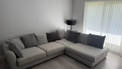 Stylish Modern Grey Corner Sofa with Cushions on Furnish Well