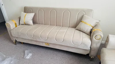 Modern 3-seater sofabed in beige with gold accents — image 2