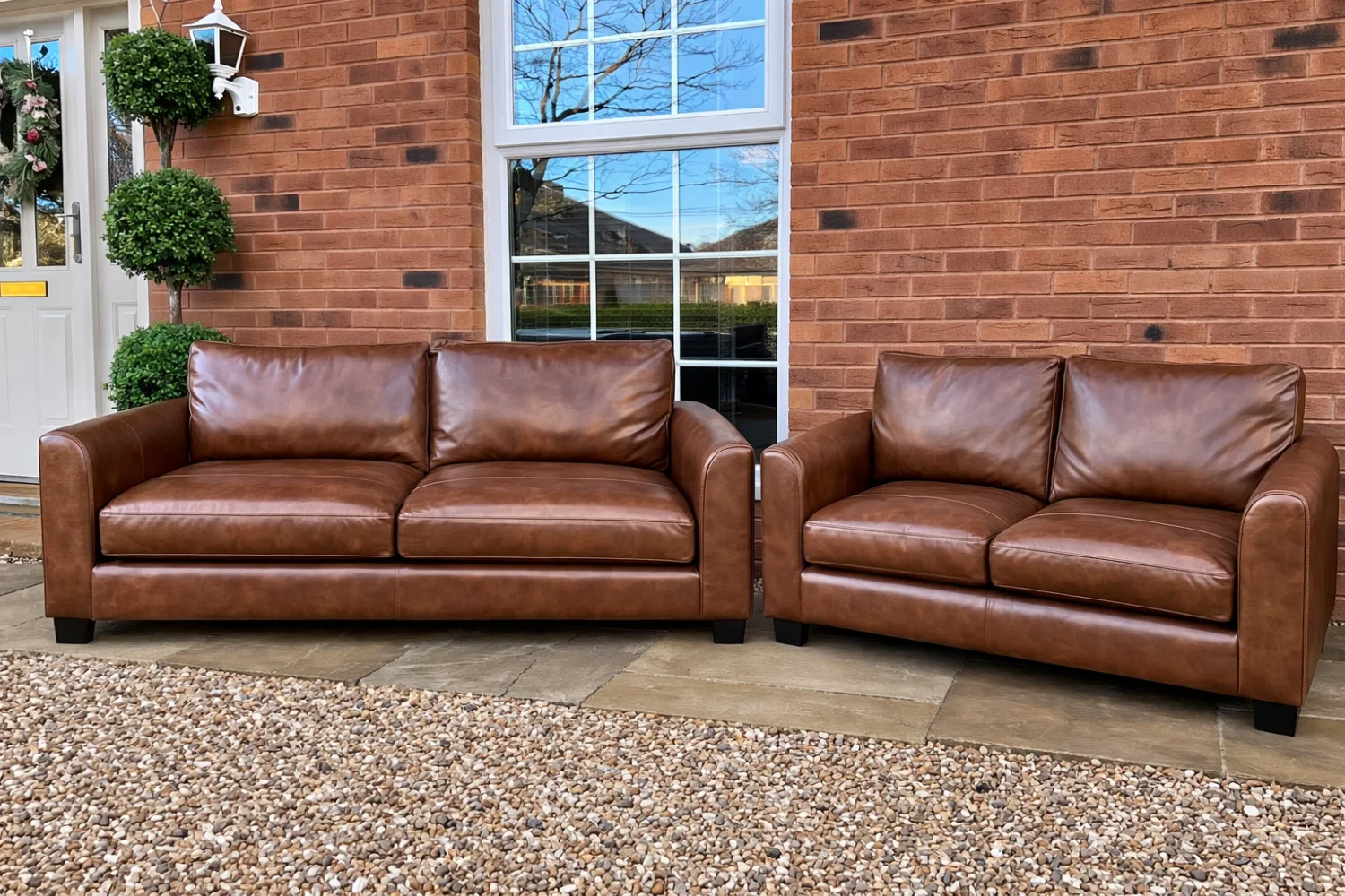 Modern brown leather sofa set with two pieces