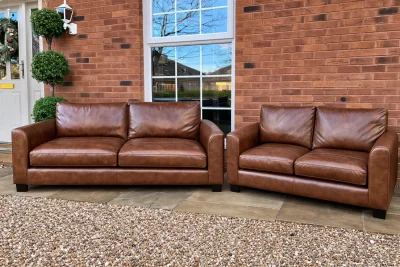 Modern brown leather sofa set with two pieces on Furnish Well