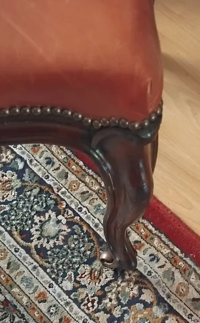 Antique dining table and eight chairs set with red faux leather upholstery — image 3