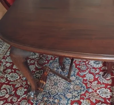 Antique dining table and eight chairs set with red faux leather upholstery — image 5