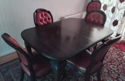 Antique dining table and eight chairs set with red faux leather upholstery — image 7