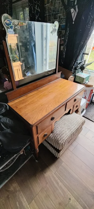 Antique Edwardian-Style Wooden Dressing Table with Mirror, Drawers and Stool — image 4