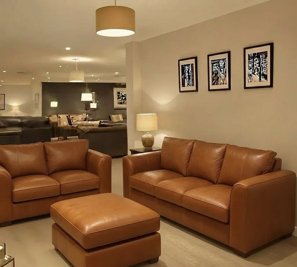 Tan / Brown 3+2 Seater Real Leather Sofa Set With Matching Footstool ~ Delivery Available