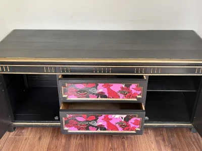 Vintage black storage cabinet with decorative panels — image 3