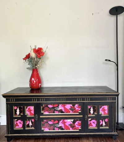 Vintage black storage cabinet with decorative panels on Furnish Well