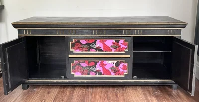 Vintage black storage cabinet with decorative panels — image 2