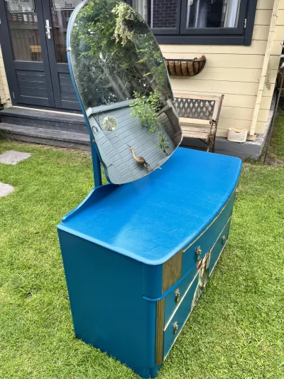 Vintage blue dresser with mirror and decorative details — image 3