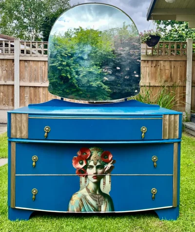 Vintage blue dresser with mirror and decorative details on Furnish Well