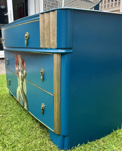 Vintage blue dresser with mirror and decorative details — image 2