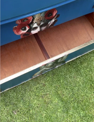 Vintage blue dresser with mirror and decorative details — image 7
