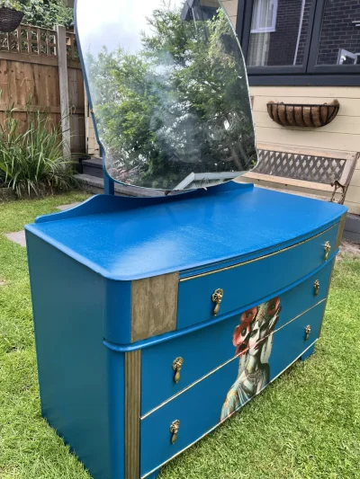 Vintage blue dresser with mirror and decorative details — image 4