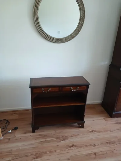 Vintage wooden console table with two drawers and open shelf — image 3
