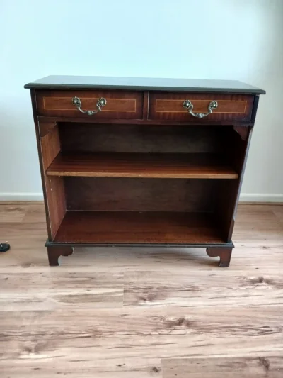 Vintage wooden console table with two drawers and open shelf — image 2